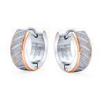 Set of 2 Carved Slashes Hoop Huggie Earrings Rose Gold Plated Stainless Steel - Image 5