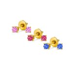 Set of 3 Tiny Blue Red Pink CZ Stud Earrings Gold Plated Sterling Silver