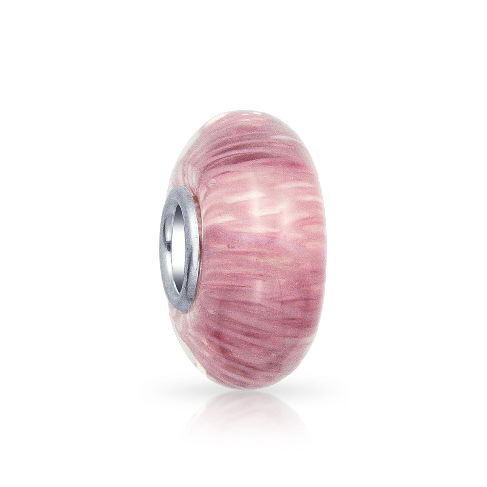 pink-white-stripe-glass-bead_pbx-dsg5038-az_1 Solid Pink Mauve Murano Glass Charm Bead with Sterling Silver Core for Bracelets - Image 1