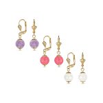 Set of 3 Amethyst Pink Quartz White Onyx Drop Ball Earrings