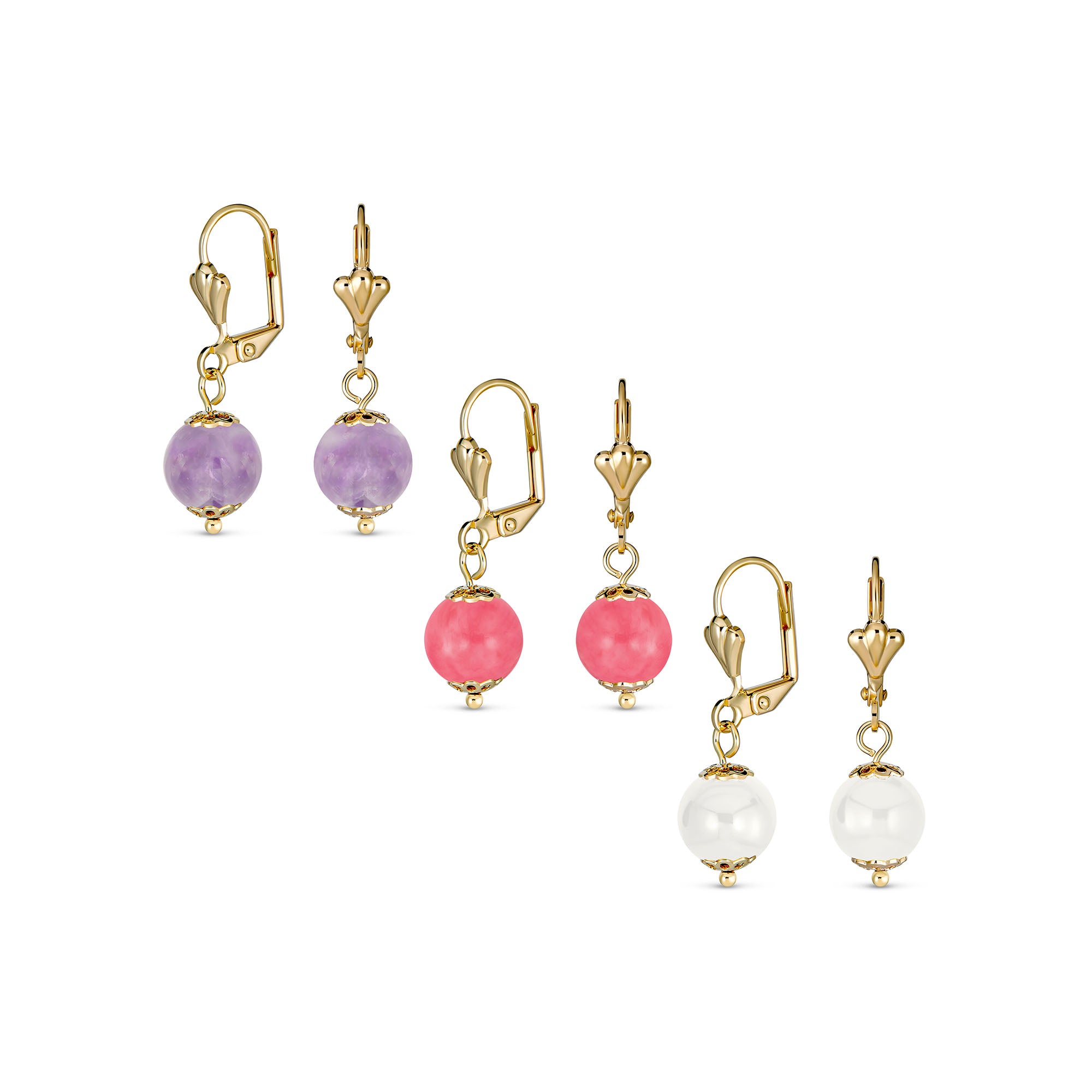 pink_quartz_drop_ball_earrings_ajb-14-05256-lt-set-az Set of 3 Amethyst Pink Quartz White Onyx Drop Ball Earrings - Image 1