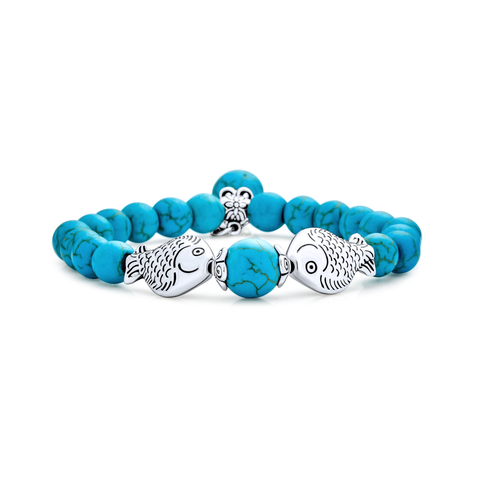 pisces-turquoise-fish-stretch-bracelet_cb-06355-az_1 Nautical Blue Turquoise Pisces Charm Stretch Bracelet with Silver Plated Beads - Image 1