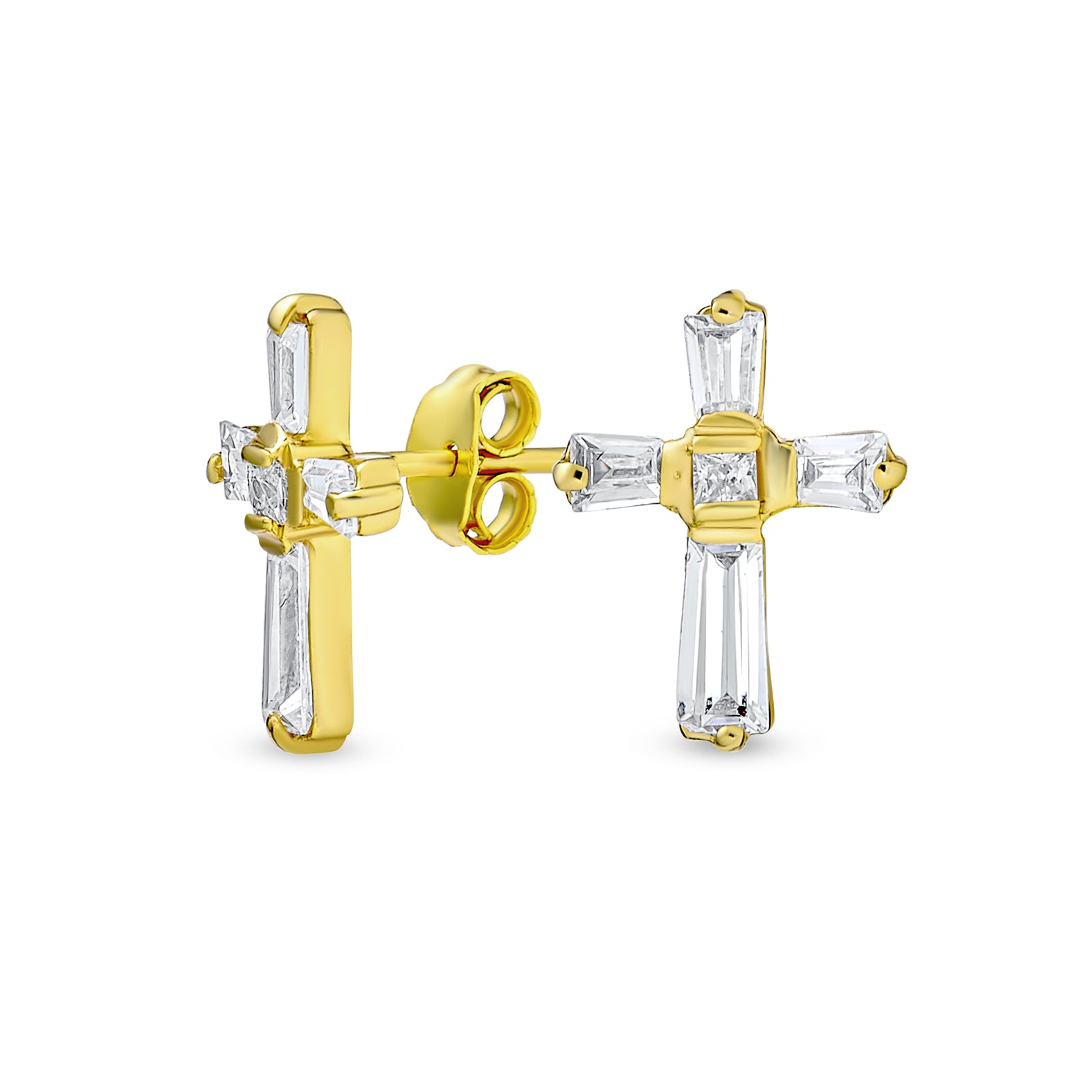 plated-gold-cross-cz-studs_mdr-213e-050-az_1 Accent CZ Baguette Small Cross Stud Earrings Yellow Gold - Image 1