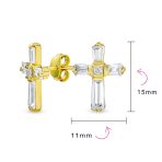Accent CZ Baguette Small Cross Stud Earrings Yellow Gold - Image 4