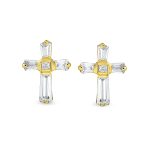 Accent CZ Baguette Small Cross Stud Earrings Yellow Gold - Image 2