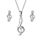 Musician Treble Music Note Stud Earrings and Pendant Necklace Silver Jewelry Set