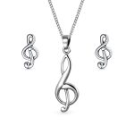 Musician Treble Music Note Stud Earrings and Pendant Necklace Silver Jewelry Set