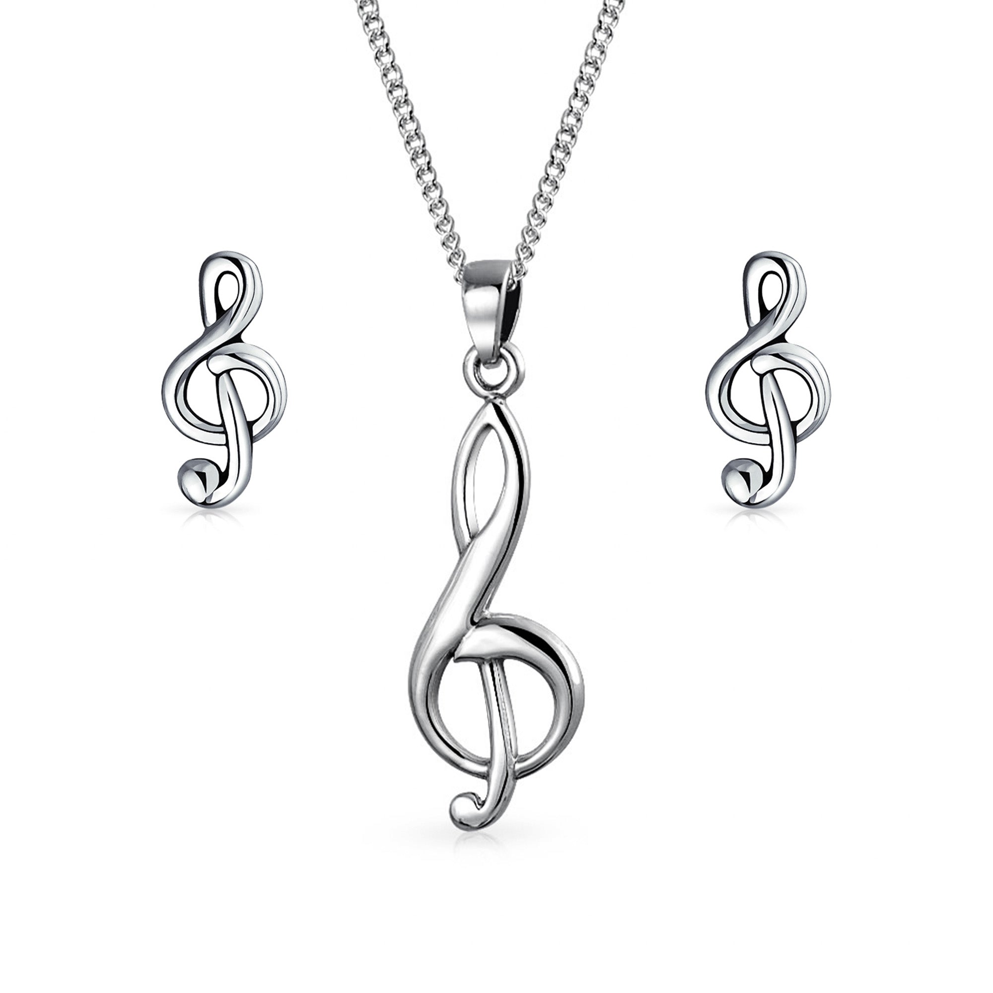 pmr-s10595set-az Musician Treble Music Note Stud Earrings and Pendant Necklace Silver Jewelry Set - Image 1