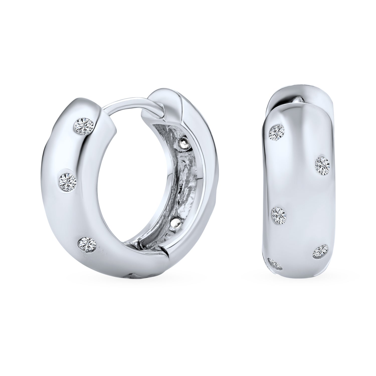 polkadot-silver-etoile-cz-huggie-earrings_sc-0349_1 CZ Bezel Set Cubic Zirconia Wide Huggie Hoop Earrings .925 Sterling Silver - Image 1
