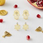 Set of 2 Tiny Judaic Jewelry CZ Stud Earrings 14K Gold Hamsa Star Of David - Image 2
