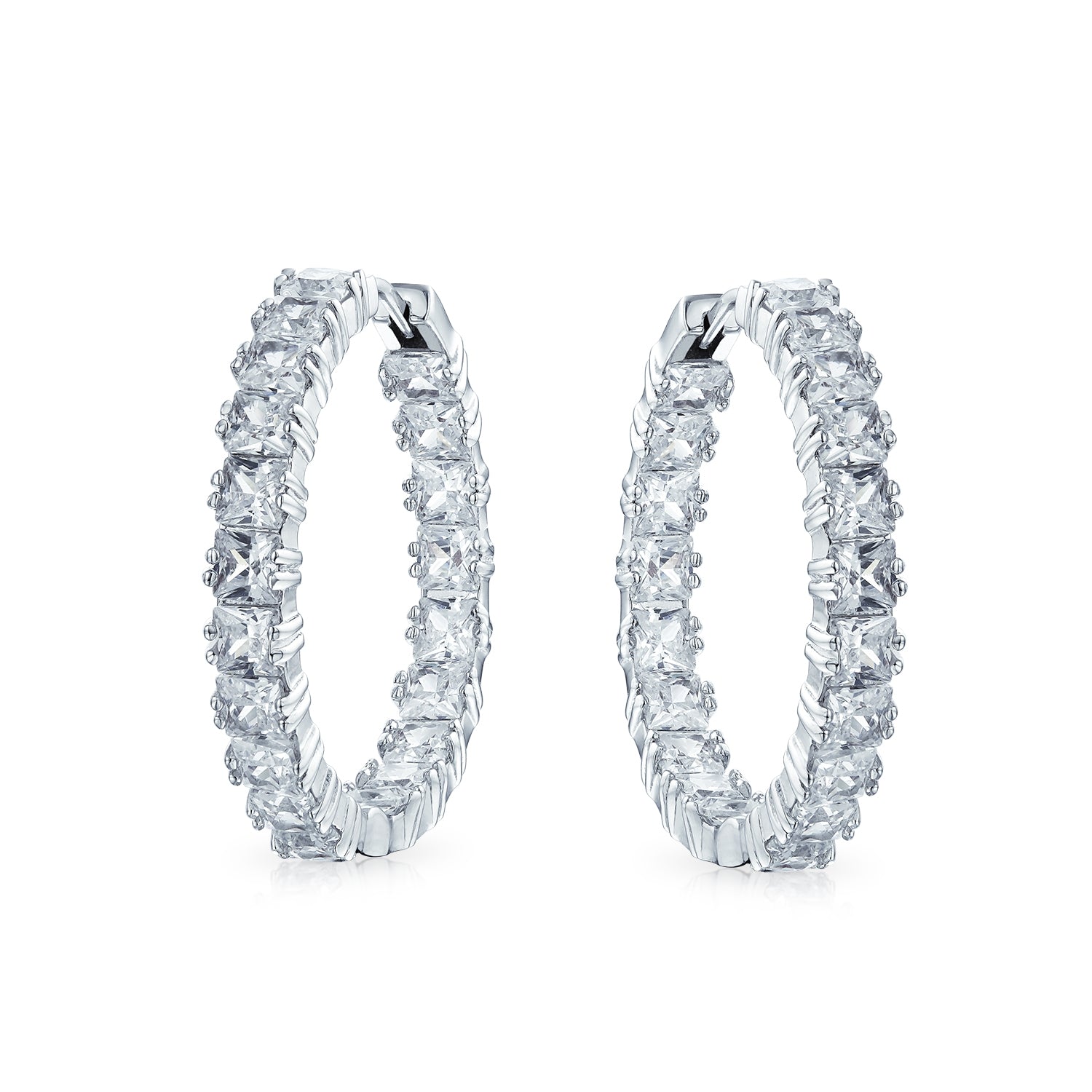 princess-cut-cz-hoop-earrings_lm-e1991-az_1 Fancy Cocktail Cubic Zirconia Princess Cut CZ Inside Out Hoop Earrings 1.25 Inch Silver Plated - Image 1