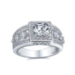 Square Cut Halo AAA CZ Art Deco Princess Engagement Ring, 3 Row Band Silver