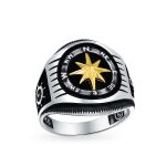 Two Tone Mens Silver Ring Nautical Boat Wheel Viking Compass Signet Black Gold