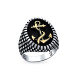 Oval Signet Nautical Rope Anchor Ring Two Tone Sterling Silver Made In Turkey