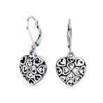 Open Clover Flower Filigree Heart Dangle Earrings Oxidized Sterling Silver