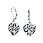 Open Clover Flower Filigree Heart Dangle Earrings Oxidized Sterling Silver