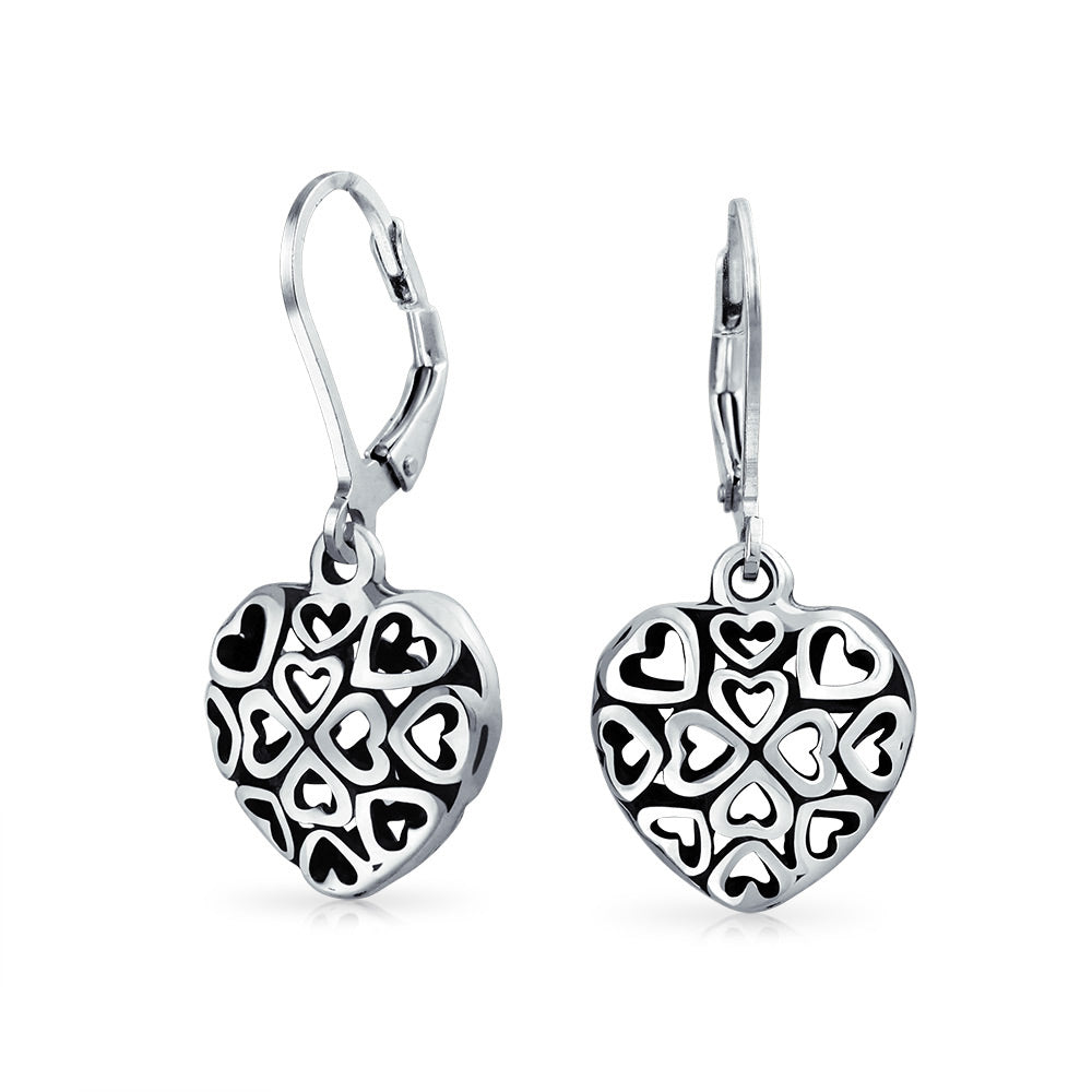puffed-heart-silver-leverback-earrings_pmr-e11139-az_1 Open Clover Flower Filigree Heart Dangle Earrings Oxidized Sterling Silver - Image 1