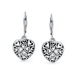 Open Clover Flower Filigree Heart Dangle Earrings Oxidized Sterling Silver - Image 2