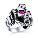 Large Gothic Skull Head Ring Simulated Red Ruby CZ Eyes Oxidized Sterling Silver