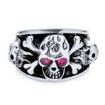 Mens Stainless Steel Punk Rocker Biker Ring with Simulated Red Ruby CZ Eyes - Image 2