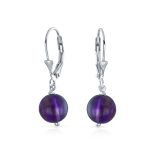 Simple Gemstone 8MM Drop Ball Earrings Secure Hinge Lever Back Sterling Silver