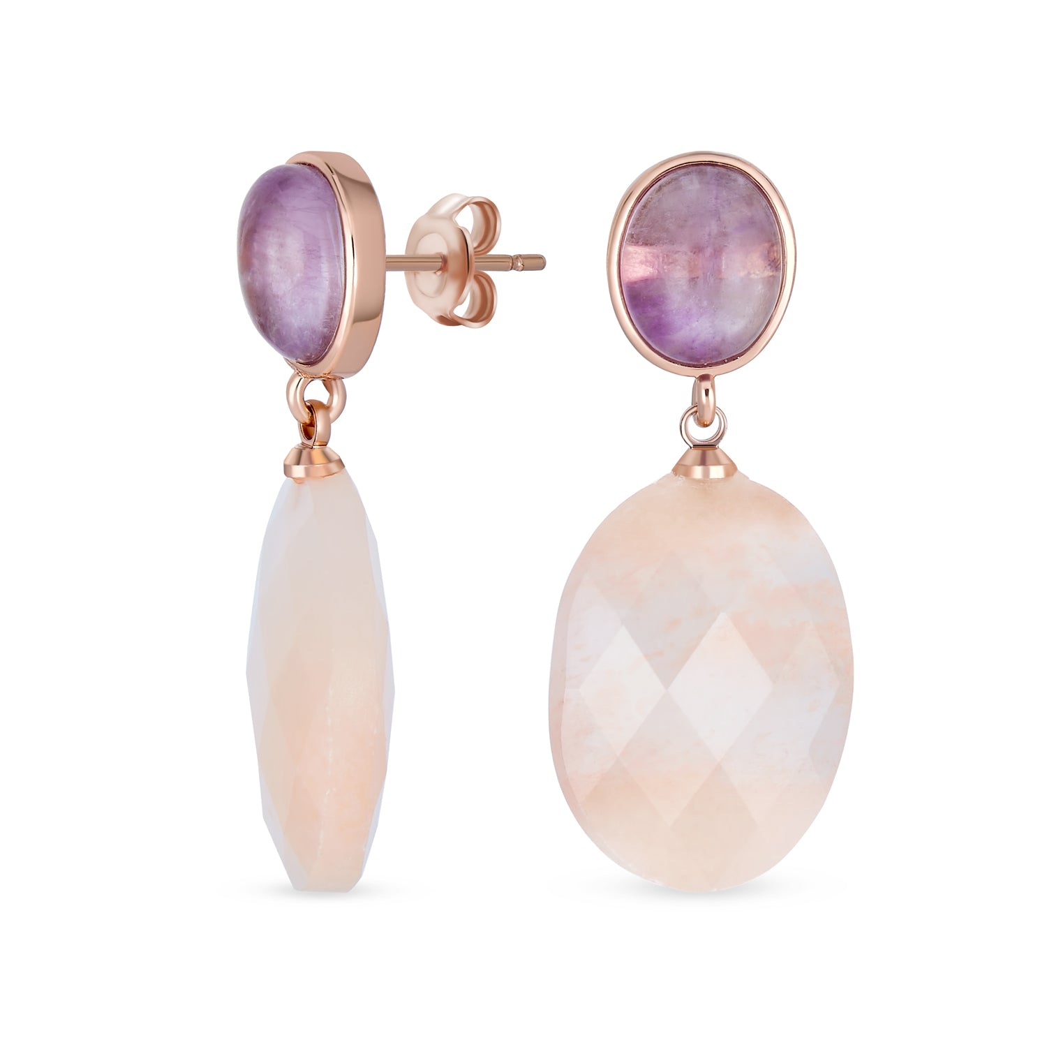 purple-amethyst-peach-oval-drop-earringcb-84400 Elegant Dangle Gemstone Earrings Amethyst & Rose Quartz in Rose Gold Plating - Image 1