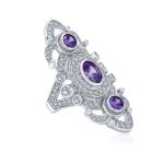 Vintage Style Filigree Purple CZ Cubic Zirconia Full Finger Statement Ring