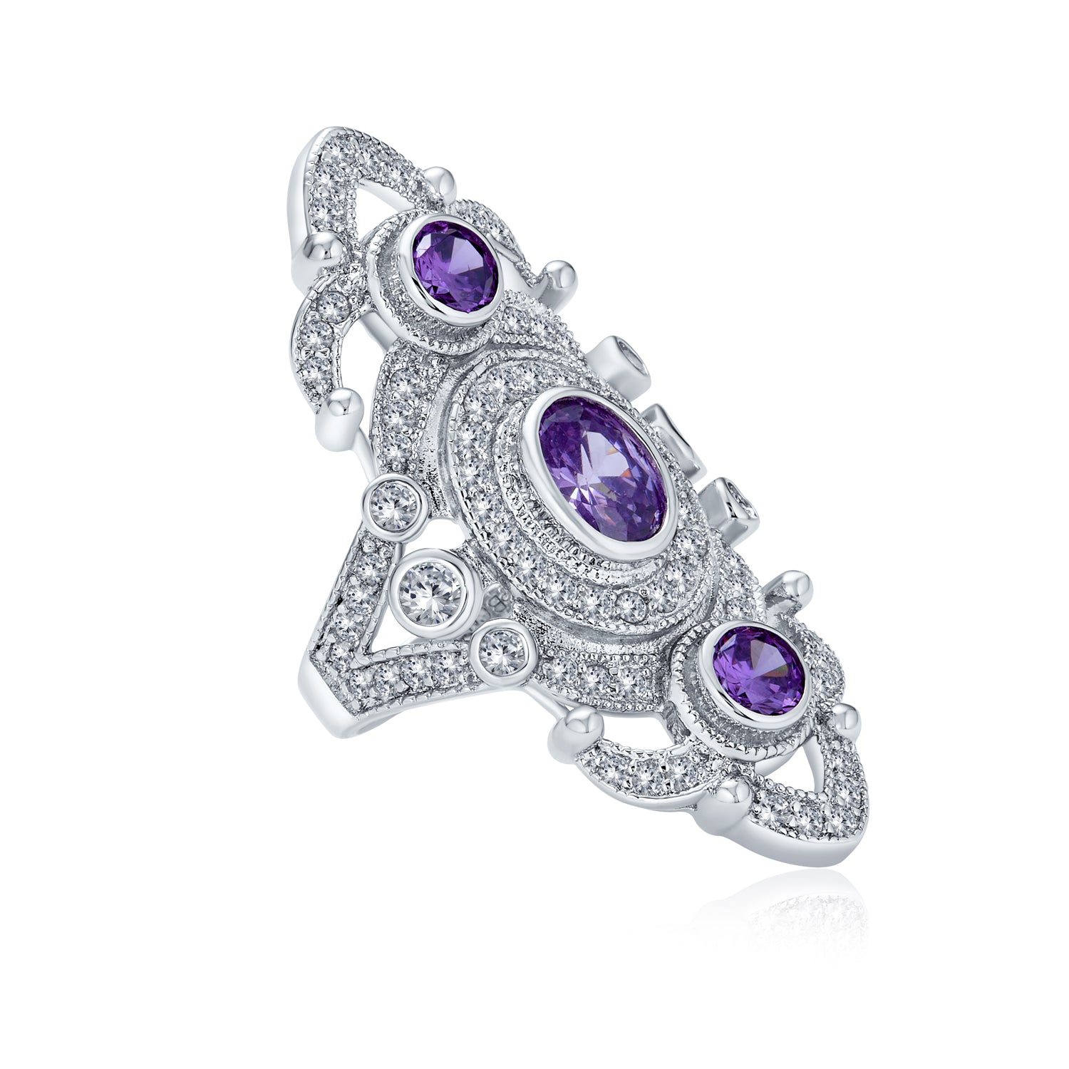 purple-amethyst-silver-cz-statement-ring-shn-r1720_1 Vintage Style Filigree Purple CZ Cubic Zirconia Full Finger Statement Ring - Image 1