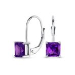 Imitation Amethyst Purple Princess Cut Solitaire AAA CZ Drop Earrings Leverback - Image 4