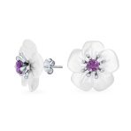 White Mother of Pearl Flower Stud Earrings with Amethyst in Sterling Silver