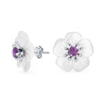 White Mother of Pearl Flower Stud Earrings with Amethyst in Sterling Silver