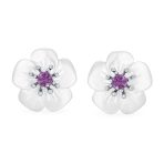 White Mother of Pearl Flower Stud Earrings with Amethyst in Sterling Silver - Image 2