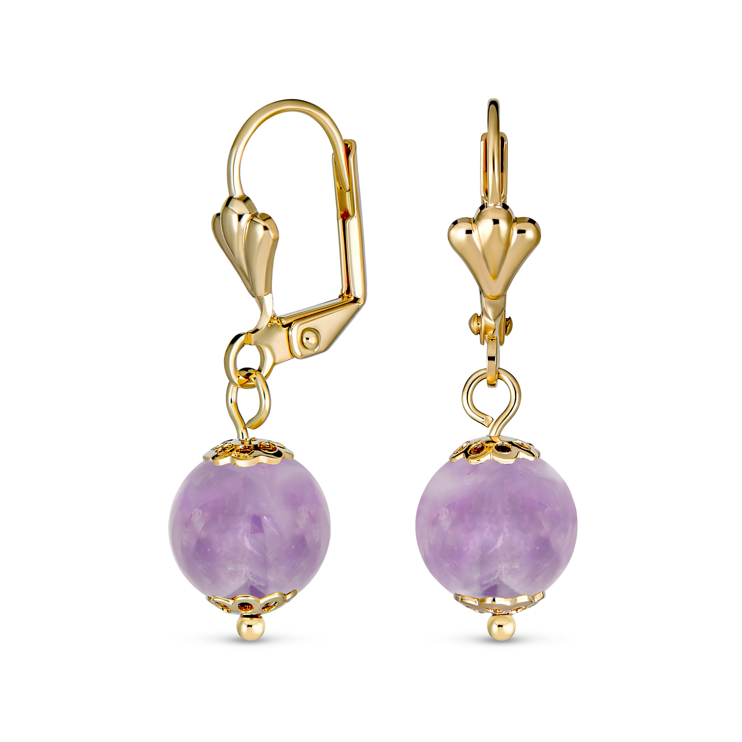 purple_amethyst_dangle_drop_earrings_ajb-14-05256-amy Round Purple Amethyst Drop Ball Earrings Leverback Gold 8MM - Image 1