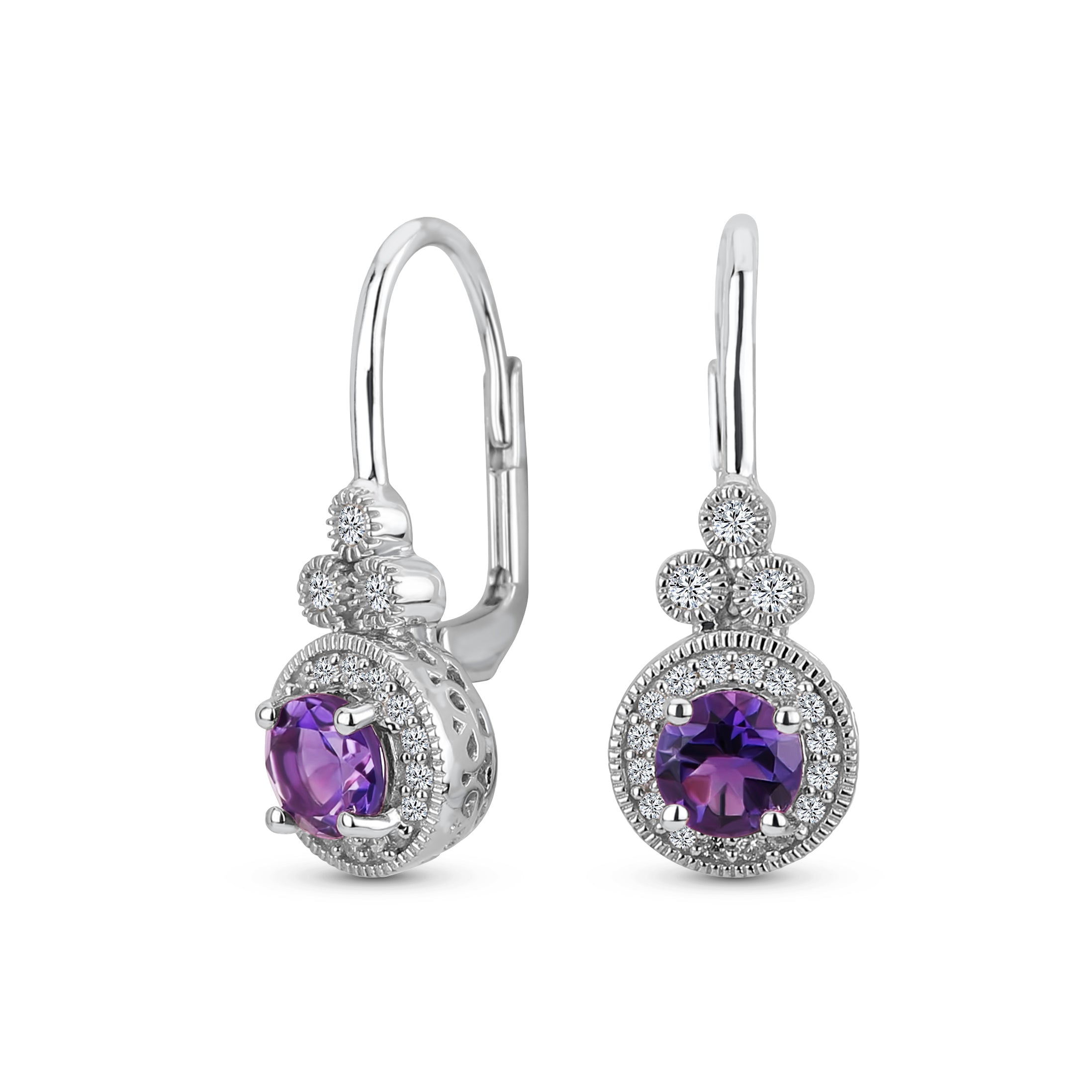 purple_solitaire_drop_earrings_vj-vjex6amy Art Deco Style Halo Circle Circlet Solitaire Synthetic Stone Drop Earrings .925 Sterling Silver - Image 1