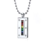 Unisex Rainbow CZ Dog Tag Pendant Necklace in Silver Tone Stainless Steel