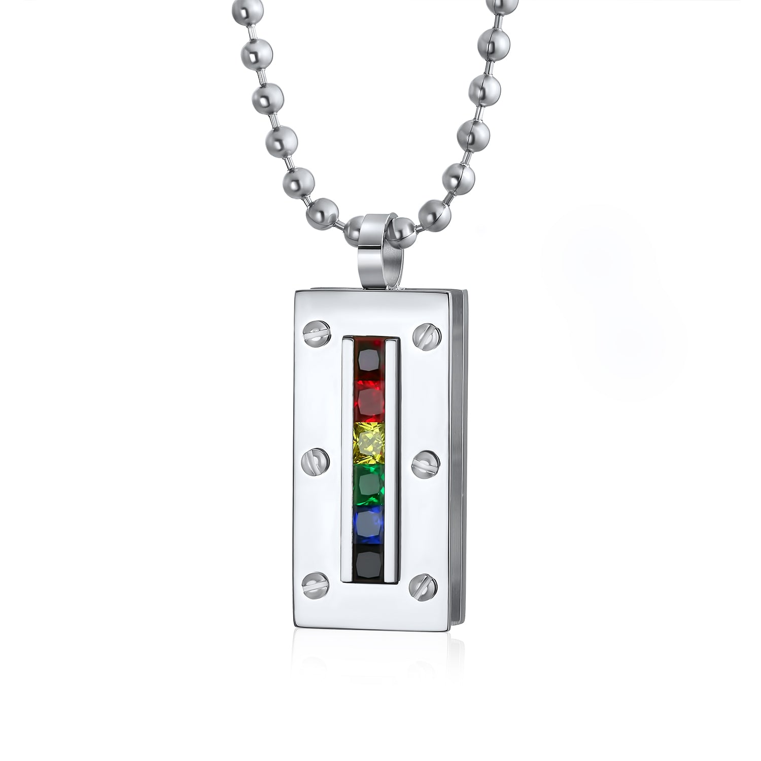 rainbow-pendant-necklace-lgbt-gay_swk-hyp-0592-az_1 Unisex Rainbow CZ Dog Tag Pendant Necklace in Silver Tone Stainless Steel - Image 1