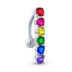 LGBT Pride Rainbow CZ Top Drop Belly Ring Silver Tone Surgical Steel
