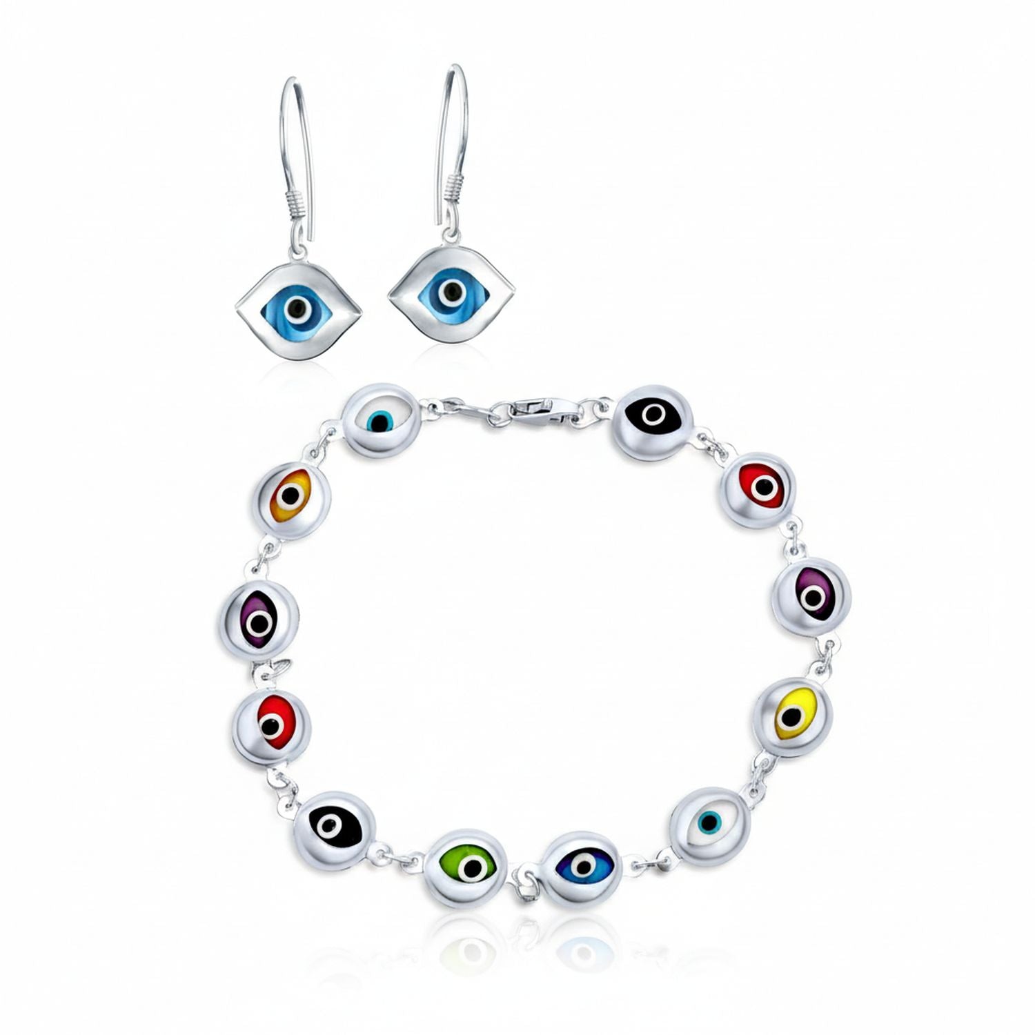 rainbow-silver-evil-eye-glass-blue-earring-bracelet_iy-2005-s-set-az Multicolor Evil Eye Bracelet & Blue Nazar Dangle Earrings Set Sterling Silver - Image 1