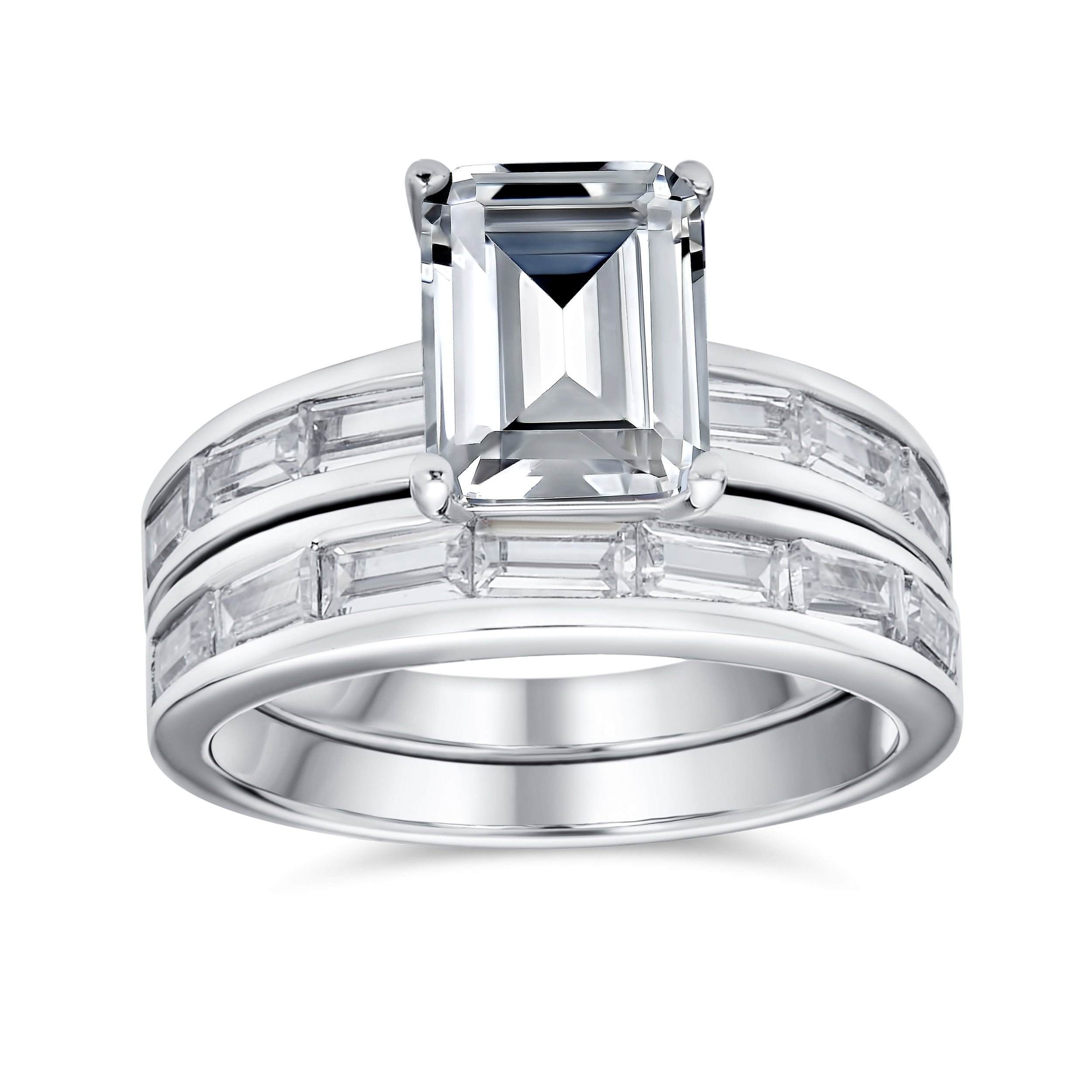 rectangle-cz-ring-silver-engagement-set_sdp-2391r-5-1111 Art Deco Style 2CT CZ Emerald Cut & Channel Baguette Band Engagement Ring Set in Sterling Silver - Image 1