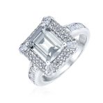 Classic 4CTW CZ Halo Emerald Cut Engagement Ring Sterling Silver Pave Band