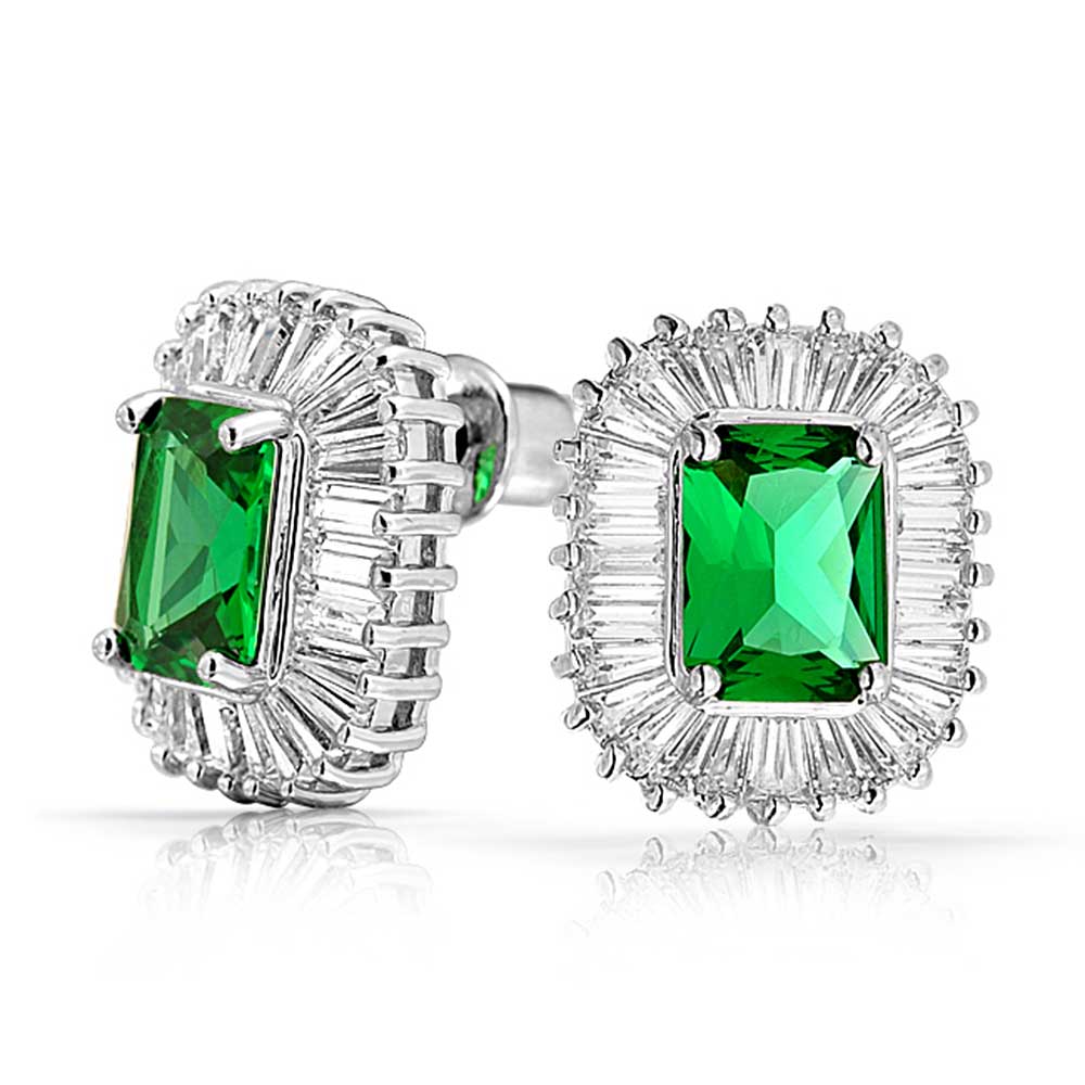 rectangle-stud-deco-emerald-cz_ml-yp1225-5e Art Deco Style Cocktail Cubic Zirconia CZ Baguette Halo Emerald Green Cut Statement Stud Earrings - Image 1