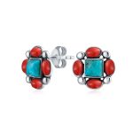 Western Native-American Style Turquoise & Red Stud Earrings .925 Sterling Silver
