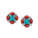 Western Native-American Style Turquoise & Red Stud Earrings .925 Sterling Silver - Image 3