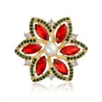 Large Statement Red Green Marquise Crystal & Fashion Pearl Flower Brooch Scarf Pin Gold Plated
