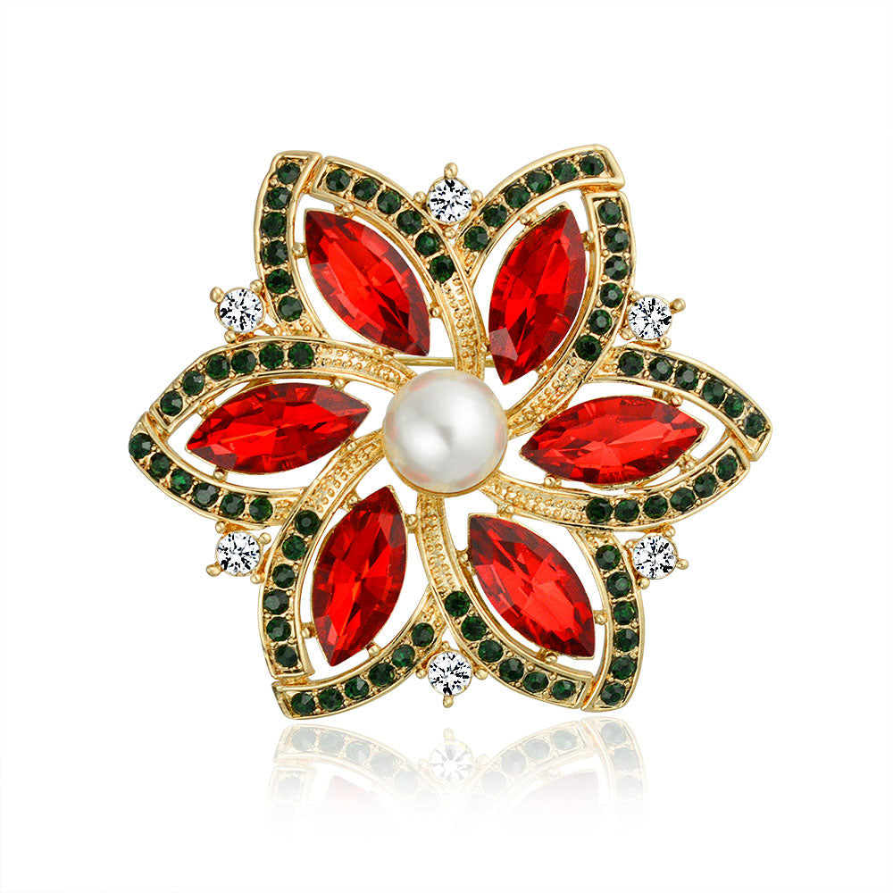 red-colorful-poinsettia-flower-gold-faj-dbh01155 Large Statement Red Green Marquise Crystal & Fashion Pearl Flower Brooch Scarf Pin Gold Plated - Image 1