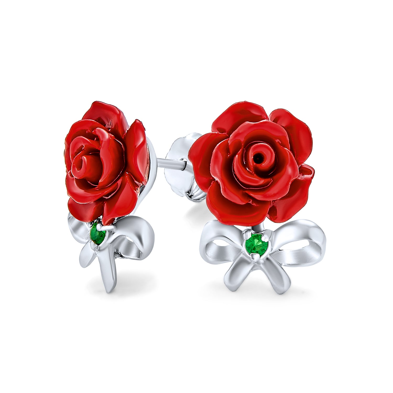 red-earring-stud-rose-cz_mdr-3805e-067_1 Romantic Floral Emerald Green CZ Stud Earrings with 3D Carved Red Rose Design - Image 1