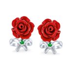Romantic Floral Emerald Green CZ Stud Earrings with 3D Carved Red Rose Design - Image 2