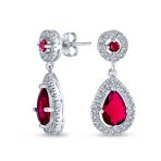 Classic Cocktail Cubic Zirconia Halo Red Teardrop CZ Drop Earrings Silver Plated - Image 3