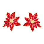 Large Statement Poinsettia Brooch Clip-On Earrings Set Red Enamel Gold Plated - Image 6