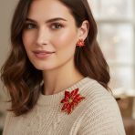 Large Poinsettia Brooch & Clip-On Earrings Christmas Jewelry Set Gold Plated - Image 5